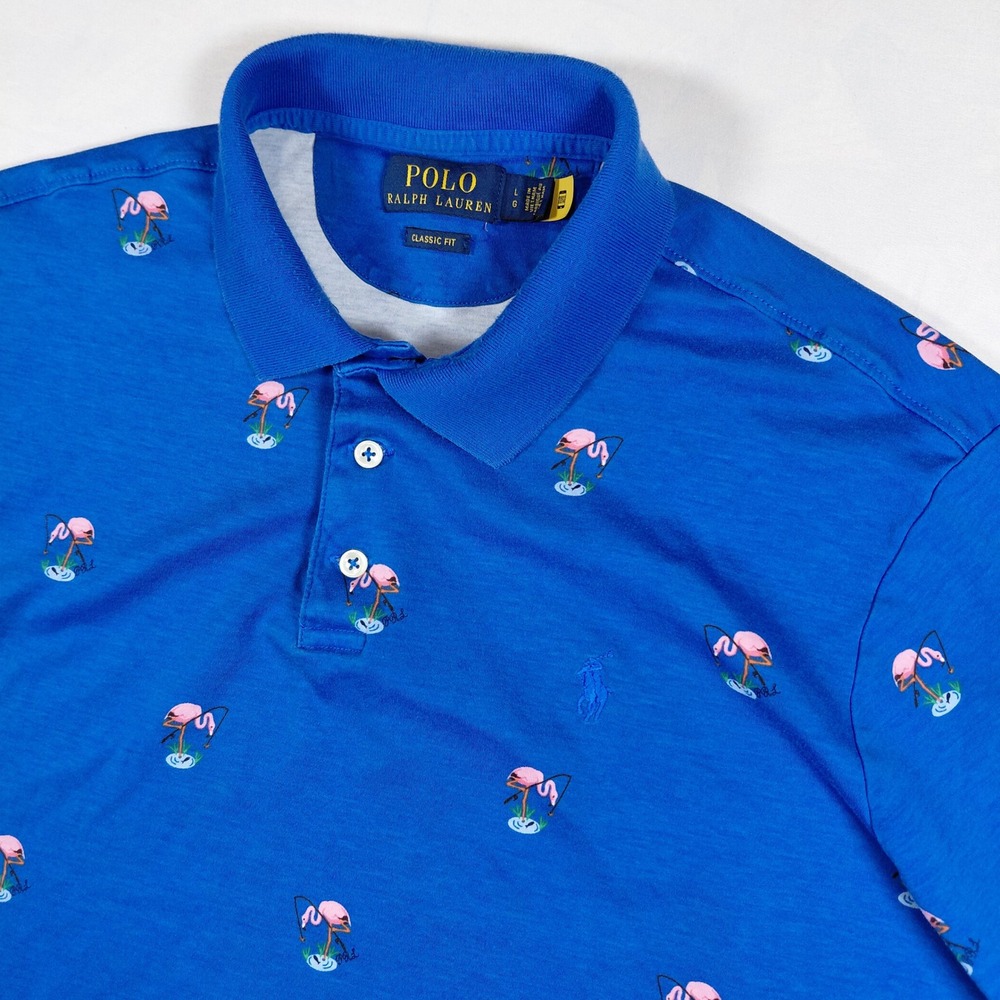 Polo Ralph Lauren Men Classic Fit Blue Flamingo Print Short Sleeve Polo Shirt L